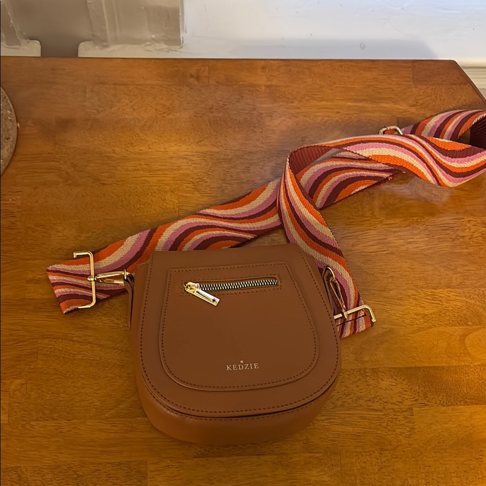 Kedzie Brown Leather Crossbody Bag with Striped Strap